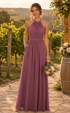 Vintage Mauve Halter A-Line Chiffon Bridesmaid Dress
