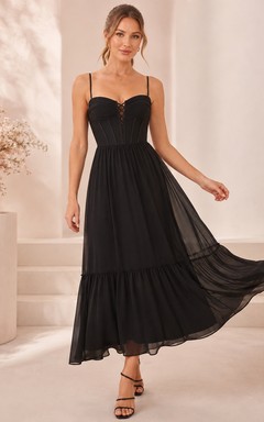Black Spaghetti Strap Sweetheart Corset Chiffon Tiered Ankle-Length A-Line Guest Dress