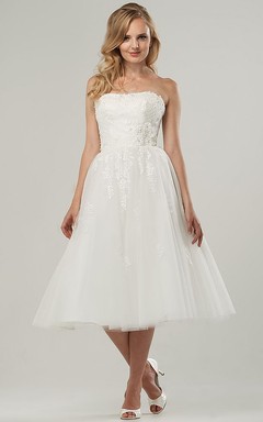 A-Line Tea-Length Criss-Cross Strapless Tulle Short Wedding Dress With Appliques And Corset Back