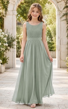 Celadonfarbenes Brautjungfernkleid in A-Linie mit juwelenbesetztem, ärmellosem Chiffon-Oberteil und Faltenrock, elegant