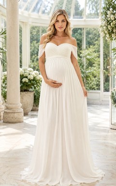 Maternity Off Shoulder White A-Line Chiffon Floor Length Gown