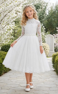 Gartenkleid mit hohem Kragen, langen Ärmeln, Spitze, für Blumenmädchen, Teelänge