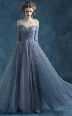 A-Linien-Kleid aus halben Ärmeln, langem, drapiertem Tüll mit Perlenstickerei
