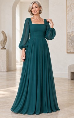 Türkisfarbenes, eckiges, schlichtes, langärmeliges, formelles Chiffon-Abendkleid in A-Linie mit Falten, bodenlang