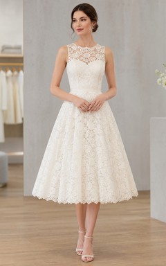 Ivory Bateau Sweetheart Sleeveless Lace A-Line Tea Dress Court Vintage