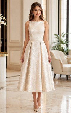 Vintage Civil Jacquard A Line Bateau Sleeveless Tea Length Wedding Dress