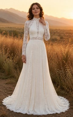 Robe de mariée bohème à col montant, en dentelle et manches longues, style prairie