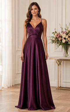 Plum Satin A-Line V-Neck Bridesmaid Dress with Spaghetti Straps