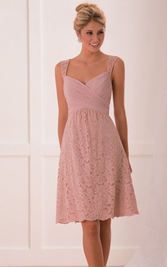 Cap-Sleeved A-Line Short Lace Blush Bridesmaid Dress With Crisscross Ruches