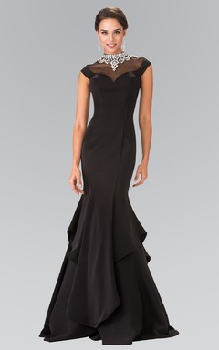Mermaid Long High Neck Cap-Sleeve Satin Illusion Dress With Beading And Draping