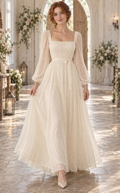 Robe de mariée vintage modeste à col carré et manches bouffantes longues à pois