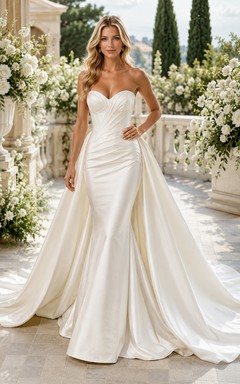 Robe de mariée sirène en satin, bustier cœur, traîne chapelle
