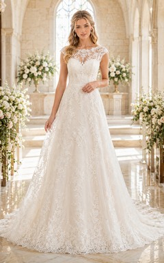 Brautkleid für Kapellenhochzeiten mit bedeckten Schultern und Spitze in A-Linie