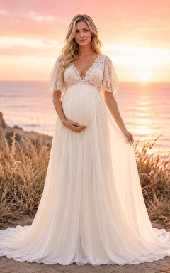 Maternity Wedding Dress V-Neck Flutter Lace Sleeve Sunset Beach Bridal Gown
