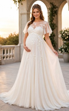 Maternity Romantic Flutter Sleeve Lace Chapel Train Wedding Dress