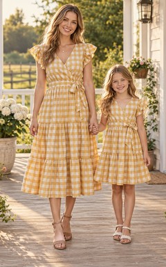 Country Tea-length Yellow Gingham V-neck Cap Sleeve Matching Family Dress