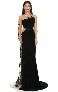 Modern Long Sleeve Floor-length A Line Lace Illusion Formal Dress with Appliques
