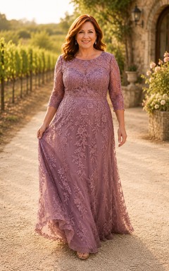MOB-Kleid, mauvefarbene Spitze, A-Linie, 3/4-Ärmel, Rundhalsausschnitt, bodenlang