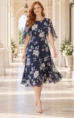 Vestido de invitada largo midi con escote en V, manga acampanada y estampado floral azul marino.