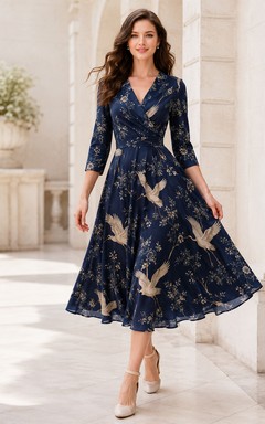Robe trapèze à imprimé oiseaux marine, col en V et manches trois-quarts