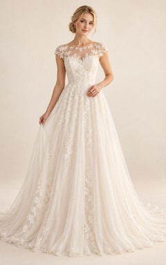 Cap Sleeve Bateau Floral Applique Tulle A-Line Wedding Dress