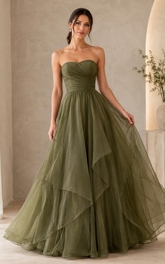 Luxury Sage Strapless Layered Tulle Ball Gown Formal Dress