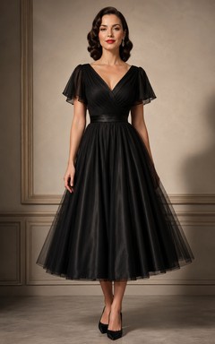Robe de mariée noire en tulle à col en V et manches papillon, longueur thé