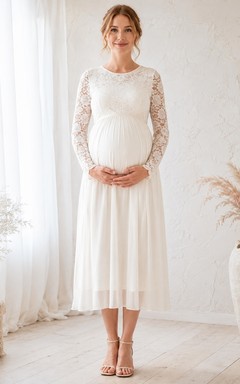 Maternity Long Sleeve Scoop Neck Tea-Length Lace Empire Dress