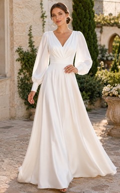 Robe de soirée ivoire modeste à manches longues de poète, col en V, en mousseline de soie, coupe trapèze, longueur au sol