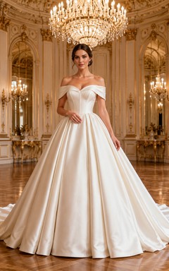 Minimalist Satin Wedding Dress Ball Gown Off Shoulder Chapel Train Bridal Gown