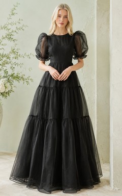 Black Tulle Square Neck Puff Sleeve Tiered A-Line Floor-length Dress