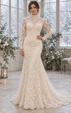 Vestido de novia de sirena con cuello alto, manga larga y cola de encaje floral.