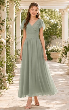 Celadonfarbenes Brautjungfernkleid für junge Damen, A-Linie, V-Ausschnitt, kurze Ärmel, plissiert, elegant