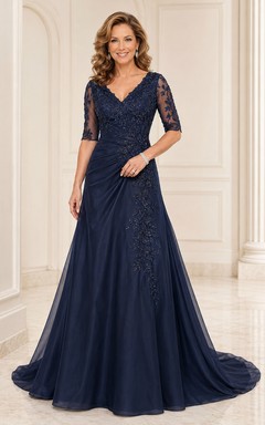 Dark Navy V-Neck Chiffon A-Line Mother Dress with Three Quarter Lace Sleeves