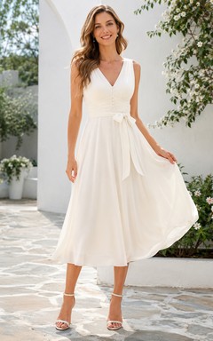 Simple V Neck Sash Chiffon A Line Tea Length Civil Wedding Dress