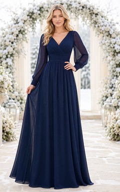 Dark navy V neck chiffon long sleeve winter bridesmaid dress