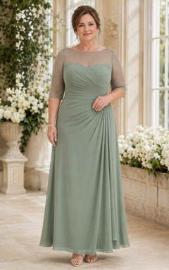 Elegantes Abendkleid in Übergröße, salbeigrün, mit Illusion-Ausschnitt, U-Boot-Ausschnitt, halben Ärmeln, Raffungen in A-Linie und bodenlang