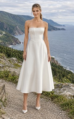 Sencillo vestido de novia palabra de honor hasta la rodilla con corsé de satén estructurado y falda en línea A.