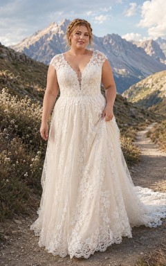 Vestido de novia de talla grande con escote en V, encaje y corte en A para fugas románticas en la montaña.