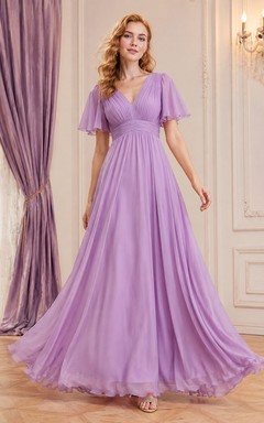 Vintage Lavender V-Neck Puff Sleeve Chiffon Floor-Length Prom Dress