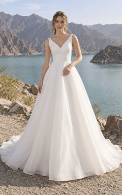 Vestido de novia sencillo de organza con escote en V, sin mangas y corte en A, con cola.