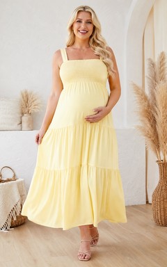 Maternity Plus Size Yellow Square Neck Tiered Ankle-Length Casual Dress