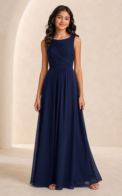 Dunkelblaues Brautjungfernkleid für junge Damen, A-Linie, V-Ausschnitt, ärmellos, Chiffon, drapiertes Oberteil, elegant