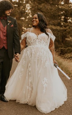 Plus Size Spaghetti Off-the-Shoulder Empire A-Linien-Hochzeitskleid mit Applikationen