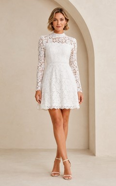 White Lace High-Neck Long-Sleeve A-Line Mini Formal Dress