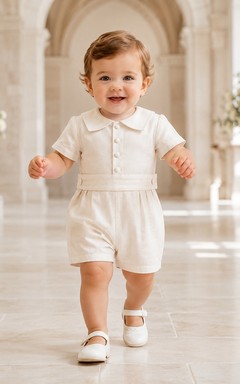 White Button Bib Peter Collar Short Sleeve Christening Romper for Baby Boy