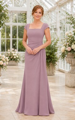MOB-Kleid, mauvefarbener Chiffon, A-Linie, kurze Ärmel, eckiger Ausschnitt, bodenlang, drapiert
