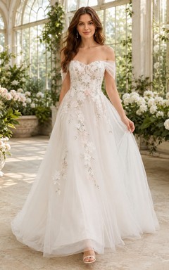 Romantic Off-Shoulder Floral Applique Tulle A-Line Floor-Length Garden Wedding Gown