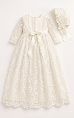 Robe de baptême pour bébé, robe de princesse modeste, robe de bal longue en tulle illusion et dentelle, manches longues, avec ceinture à nœud, couleur ivoire