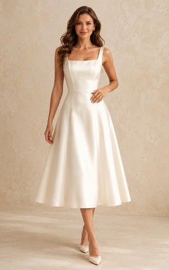 Robe cocktail élégante en satin ivoire, longueur thé, col carré, coupe trapèze, style Courthouse